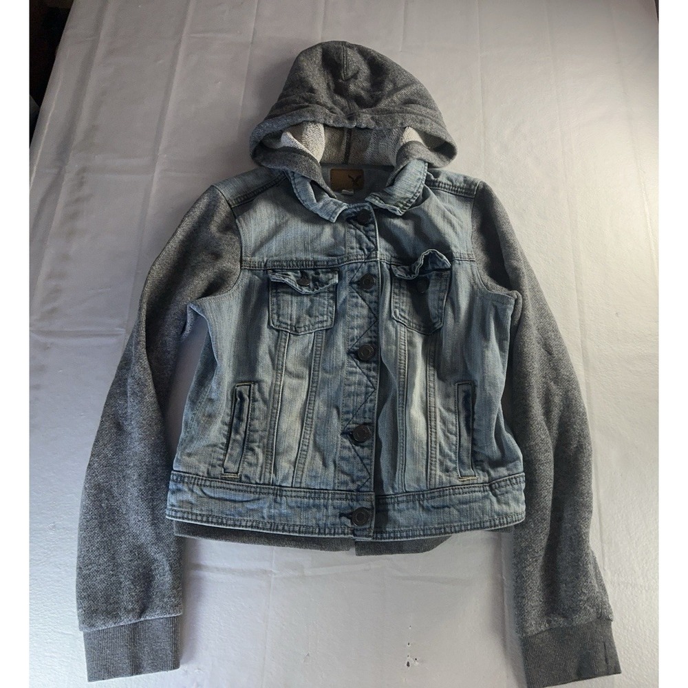 American Eagle Denim Jacket Womens Medium Hooded Knit Sleeve Trucker Grunge Y2K